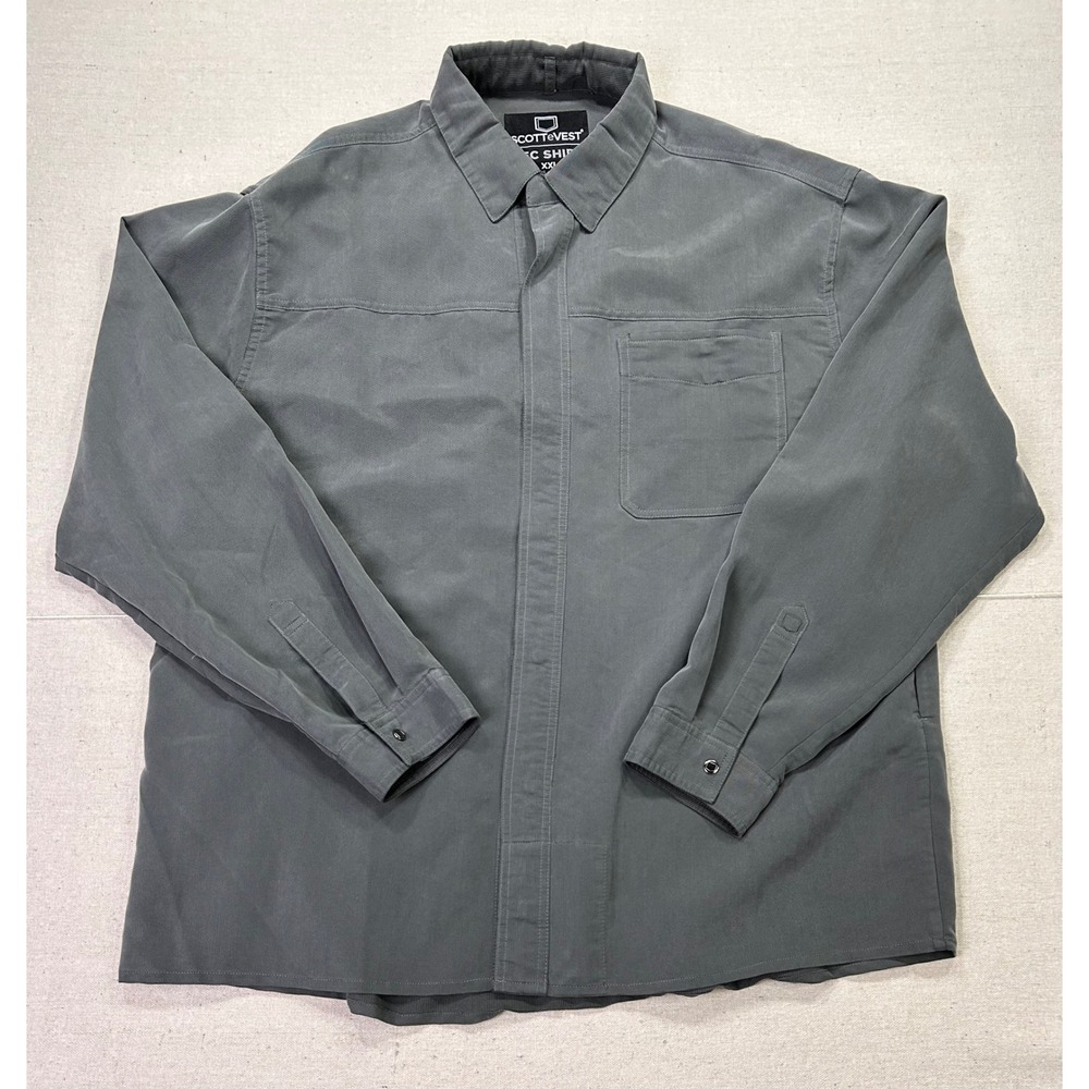 Scottevest TEC Shirt Mens XXL Gray Long Sleeve Multi‎ Pocket Travel Button